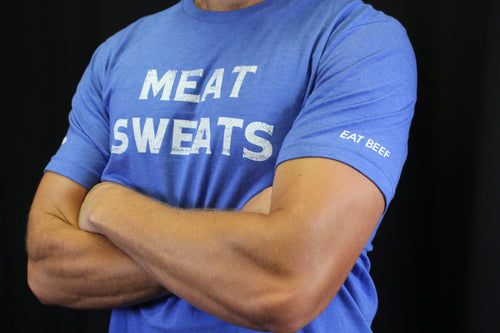 Meat Sweats T-shirt. Offered in deep blue, vibrant red, slate gray, and light gray. Meat Sweats Swag offer kids sizes as well as adult sizes XS-XXL. 