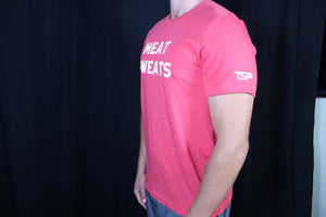 Meat Sweats T-shirt. Offered in deep blue, vibrant red, slate gray, and light gray. Meat Sweats Swag offer kids sizes as well as adult sizes XS-XXL. 