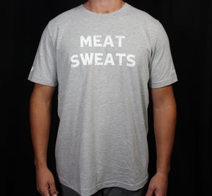 Meat Sweats T-shirt. Offered in deep blue, vibrant red, slate gray, and light gray. Meat Sweats Swag offer kids sizes as well as adult sizes XS-XXL. 