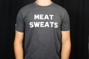 Meat Sweats T-shirt. Offered in deep blue, vibrant red, slate gray, and light gray. Meat Sweats Swag offer kids sizes as well as adult sizes XS-XXL. 