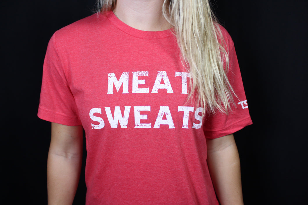 Meat Sweats T-shirt. Offered in deep blue, vibrant red, slate gray, and light gray. Meat Sweats Swag offer kids sizes as well as adult sizes XS-XXL. 