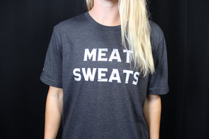 Meat Sweats T-shirt. Offered in deep blue, vibrant red, slate gray, and light gray. Meat Sweats Swag offer kids sizes as well as adult sizes XS-XXL. 